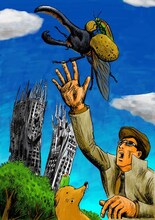 青空大地が描き下ろした、初回限定版特典のステッカー用イラスト。（C）青空大地・講談社／昆虫探偵制作委員会