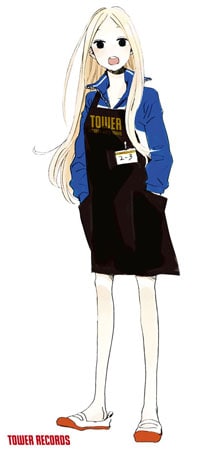 いつものジャージと上履きスタイルにタワレコエプロンを着用した、ニノの等身大パネル。