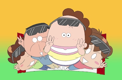 3Dメガネをかけるタチバナ家の面々。果たしてどんな風に母たちが立体化されるのか。3D劇場版アニメ「あたしンち」メイン画像。