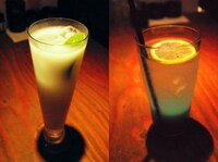 （左）A・アワモリのカルピス割り。泡盛とカルピスのミックスドリンクの仕上げにライムを搾って。（右）NYUSANKIN。カルピスベースのノンアルコールカクテル、オレンジピールシロップがアクセントに。