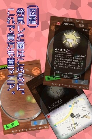図鑑では、コレクションした菌のプロフィールと採集日時・場所も閲覧可能。