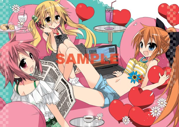 美水かがみキャラクターデザインによる、あらきかなおの新連載「あか☆ぷろ!!!~明るい三姉妹プロジェクト~」第1話の扉ページイラスト。