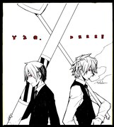 「デュラララ!!」の平和島静雄と「夜桜四重奏」の岸恭助が共演した色紙。これに小野大輔のサインが入る。