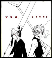 「デュラララ!!」の平和島静雄と「夜桜四重奏」の岸恭助が共演した色紙。これに小野大輔のサインが入る。