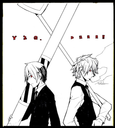 「デュラララ!!」の平和島静雄と「夜桜四重奏」の岸恭助が共演した色紙。これに小野大輔のサインが入る。