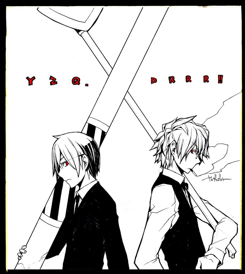 「デュラララ!!」の平和島静雄と「夜桜四重奏」の岸恭助が共演した色紙。これに小野大輔のサインが入る。