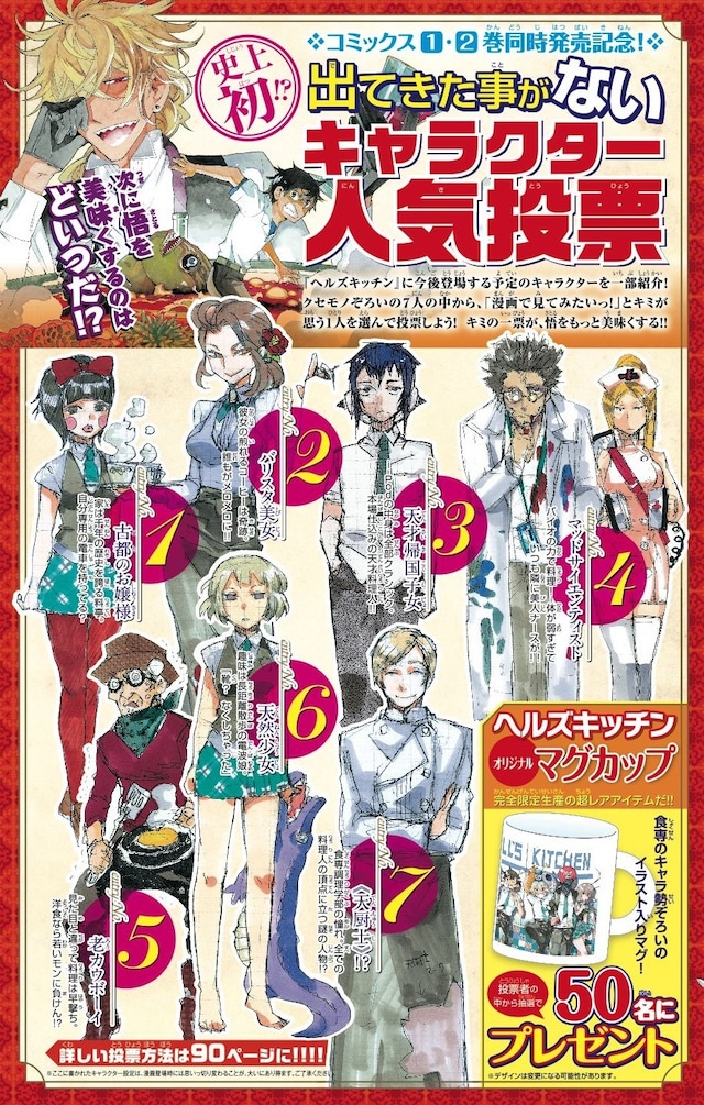 「ヘルズキッチン」キャラクター人気投票告知ページ。「天才帰国子女」「老カウボーイ」などアクの強いキャラがぞろり。