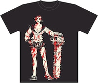 三家本礼「血まみれスケバンチェーンソー」Tシャツ。