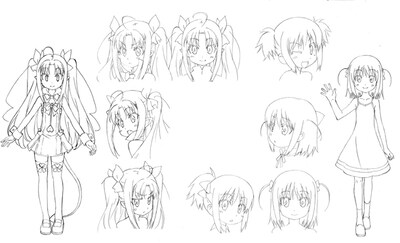 「ロッテのおもちゃ！」TVアニメ版のキャラ設定画。「ロッテ」と「明日葉」の全身や表情アップが見られる。（C）葉賀ユイ／アスキー・メディアワークス／ロッテのおもちゃ！製作委員会