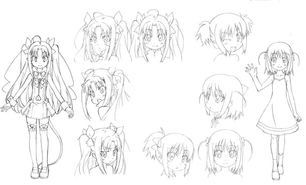 「ロッテのおもちゃ！」TVアニメ版のキャラ設定画。「ロッテ」と「明日葉」の全身や表情アップが見られる。（C）葉賀ユイ／アスキー・メディアワークス／ロッテのおもちゃ！製作委員会