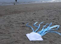 風に飛ばされ砂浜に落ちた、哀愁ただよう「イカ帽子」。アニメ1話でのシーンを再現。 (C)安部真弘（週刊少年チャンピオン）／海の家れもん