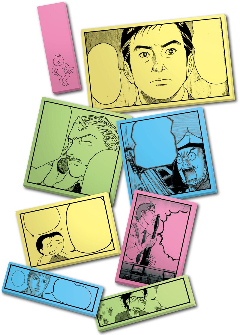 「貼れる！1コマメモパッド」は「社長 島耕作」「ねこだらけ」「へうげもの」「天才 柳沢教授の生活」「ポテン生活」「ReMember」「きのう何食べた？」「僕はビートルズ」の8作品をセットにしたもの。