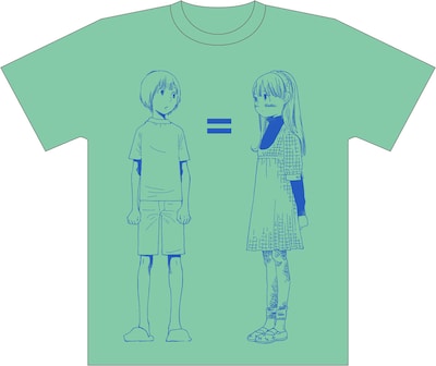 男の子の二鳥くんと女の子の二鳥くんが描かれた、志村貴子「放浪息子」Tシャツ。以前はピンクだったが、今回発売されるのはグリーン。