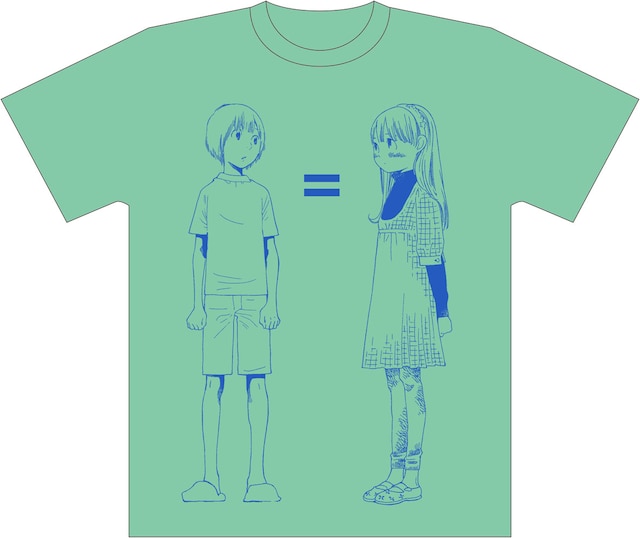 男の子の二鳥くんと女の子の二鳥くんが描かれた、志村貴子「放浪息子」Tシャツ。以前はピンクだったが、今回発売されるのはグリーン。
