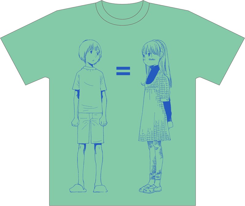 男の子の二鳥くんと女の子の二鳥くんが描かれた、志村貴子「放浪息子」Tシャツ。以前はピンクだったが、今回発売されるのはグリーン。