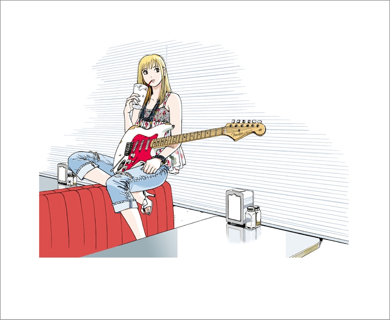 「ストップ!!ひばりくん！」コンプリート・エディション1巻のカバーに使用されたイラスト「ストラトキャスター」。