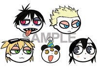 バッジ化される「スタズ」「冬実」「ウルフ」「ベル」「豆次郎」のイラスト。