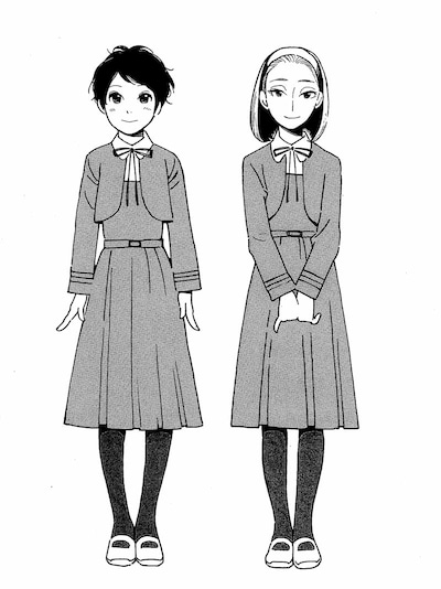 志村貴子「淡島百景」第1話扉ページ。左が新入生・田畑さん、右が上級生・竹原さん。