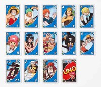 「ウノ ワンピース」青のカード。(c)尾田栄一郎／集英社・フジテレビ・東映アニメーション (c)2011 Mattel, Inc. El Segundo, CA 90245 U.S.A. All Rights Reserved. 発売元：（株）バンダイ　販売元：マテル・インターナショナル（株）