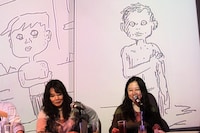 スクリーン左が西原、右がヤマザキの描いた「ねじ式」。示し合わせなくともイラストが全く同じ構図になっている。さすが名作といえよう。