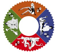 「私たちの俺たちの西炯子　西炯子4ヶ月連続コミックス刊行リレーフェア」実施店にてプレゼントされる、特製しおりをコンプリートした図。扇形のものが計4枚用意される。