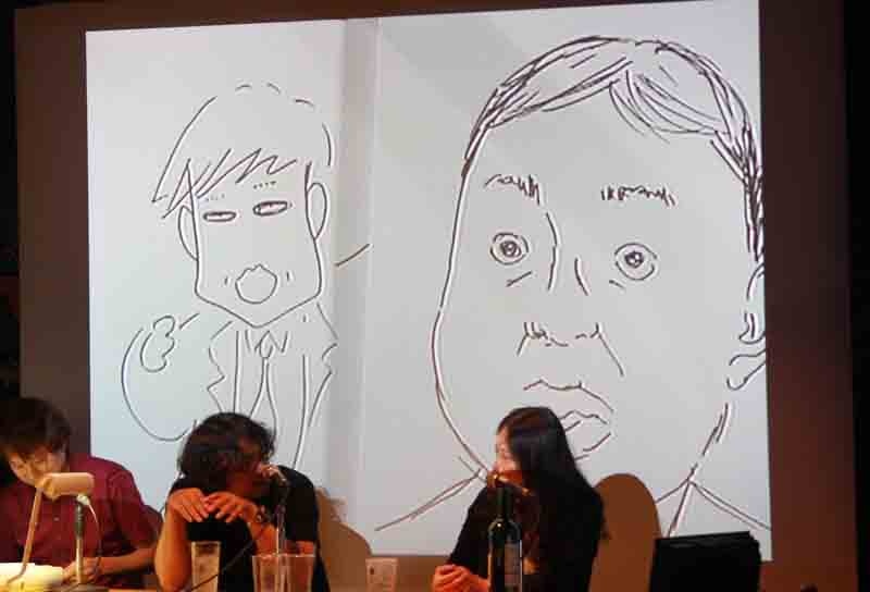 右が花沢、左が西原の描いた枝野前官房長官。花沢が描いた枝野さんはとても悪そうだ。