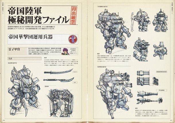 「サクラ大戦 15th Anniversary 太正浪漫グラフ」より。帝国華撃団の主力兵器である霊子甲冑を紹介したページ。(C)SEGA (C)RED