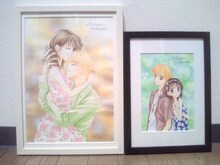 チャリティーオークションに出品されている吉住渉の原画。左が「ママレード・ボーイ」第36話の扉イラスト、右がノベライズ版1巻表紙イラストの原画。