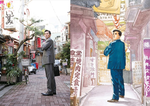ドラマ「孤独のグルメ」に出演する松重豊（左）と原作イラスト。(C)久住昌之・谷口ジロー／扶桑社