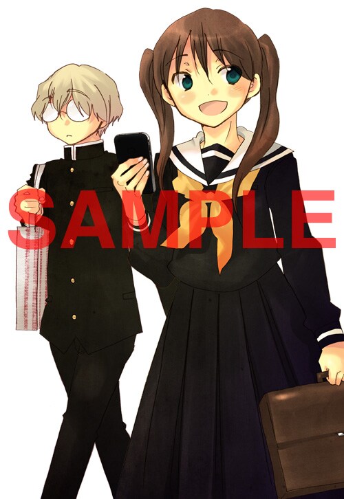 「煩悩寺」2巻をCOMIC ZINでもらえるイラストカード。「ハナコ＠ラバトリー」の制服に身を包む小沢さんと小山田くんが描かれた。