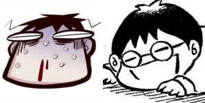 トークイベント「希有馬屋フリートーク#3」の告知カット。左から井上純弌、カラスヤサトシの自画像。