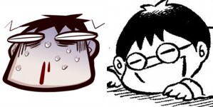 トークイベント「希有馬屋フリートーク#3」の告知カット。左から井上純弌、カラスヤサトシの自画像。