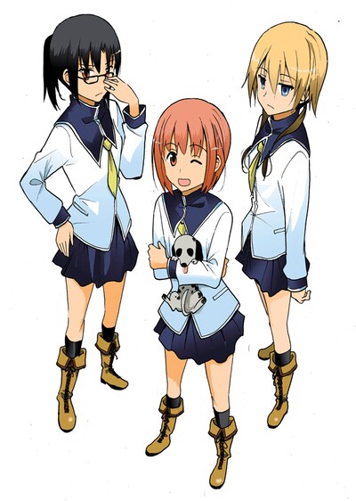 「プチプチたんたん プチたんたん」予告カット。キャラのプロフィールは、イラスト左より「犬が苦手な清純派（？）」の片岡ヒカリ、「アホの娘、元気っ娘」の花園ハナ、「日本とイギリスのハーフ」の山田コンスタンツ。