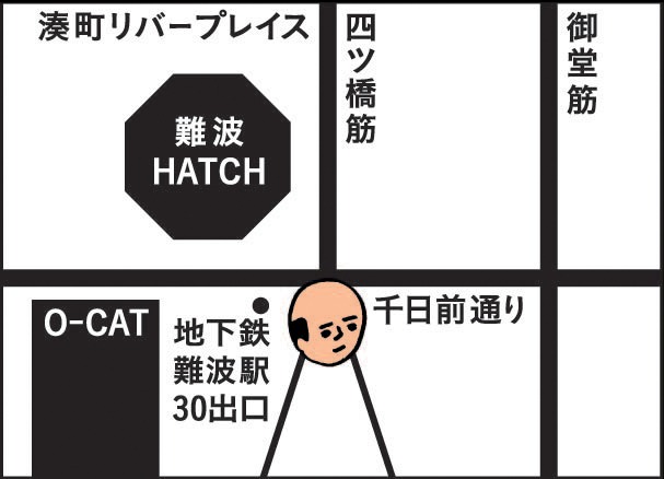 大阪・難波Meleの地図。中央のイラストは、難波Meleのサイトやグッズのデザインに協力している花くまゆうさくによるもの。