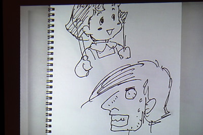 安彦良和作「カイジとハイジ」。「カイジ」は「ステッチ」入りの鼻、汗、前髪と、福本絵の特徴を見事に捉えている。