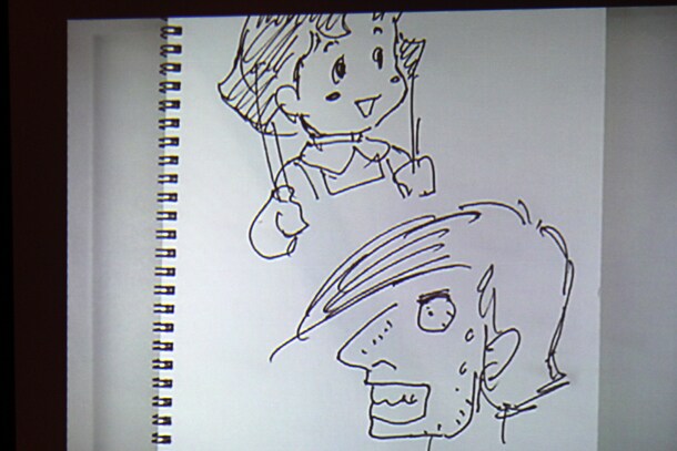 安彦良和作「カイジとハイジ」。「カイジ」は「ステッチ」入りの鼻、汗、前髪と、福本絵の特徴を見事に捉えている。