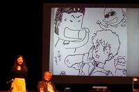 観客へのプレゼント用に描かれた合作イラスト。安彦による「ぶたれたアムロ」と、それを取り囲む西原の「ブライト」ら。