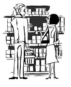 「ゴロツキはいつも食卓を襲う」より「スーパーの棚の前で、ふたりが同じ食品に同時に手をのばすと、恋が生まれる」イラスト。