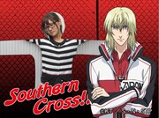 「新テニスの王子様」デジタルカメラのフレームの1種。このようにクラウザーさんの「サザンクロス」で磔になることもできる。(C)許斐 剛／集英社・NAS・新テニスの王子様プロジェクト