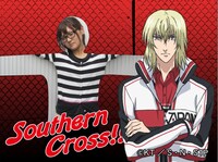 「新テニスの王子様」デジタルカメラのフレームの1種。このようにクラウザーさんの「サザンクロス」で磔になることもできる。(C)許斐 剛／集英社・NAS・新テニスの王子様プロジェクト