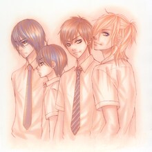 宮坂香帆の新作「あかいいと」予告カット。イラストのメンズたちは、果たして物語でどのような役割を演じるのか。