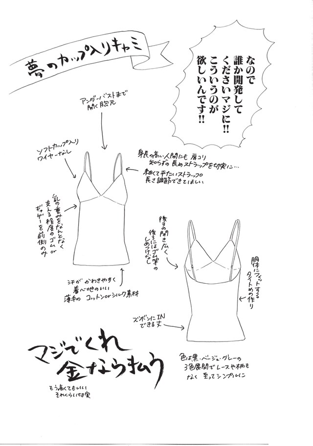 ヤマシタトモコが「裸で外には出られない」で描いた夢のブラカップ付きキャミソール。