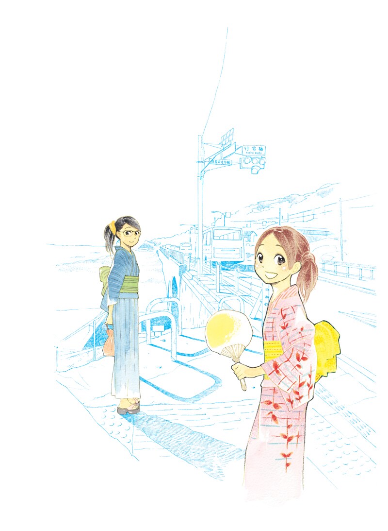 志村貴子描き下ろしの「青い花×江ノ電フェア」メインイラスト。