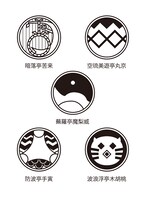 「じょしらく」キャラクターの家紋。キャラクターの特徴を生かしたデザインになっている。(C)久米田康治・ヤス・講談社／女子落語協会