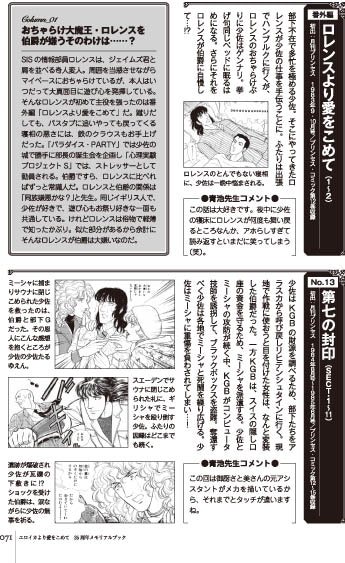 「エロイカより愛をこめて 35周年メモリアルブック」より、キャラクター＆エピソードガイドページ。