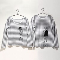 「ポップコーンキャッチ ボーダーTシャツ」の投げと受け。左がレディース。