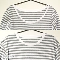 「ポップコーンキャッチ ボーダーTシャツ」の襟ぐり。上がレディース。
