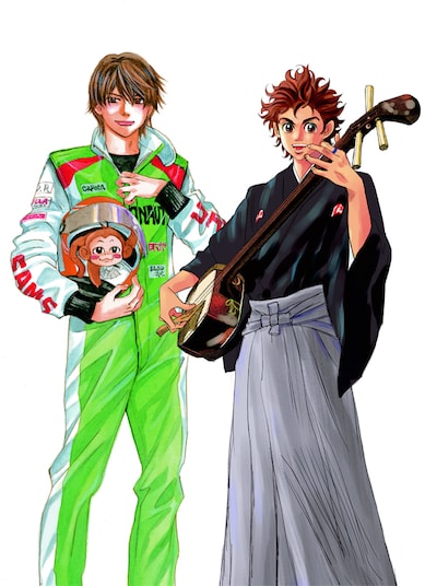 「capeta」と「ましろのおと」のコラボイラスト。両作の主人公が、相手のコスチュームに身を包んでいる。