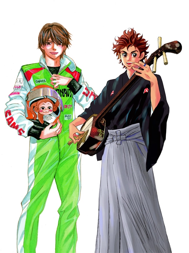 「capeta」と「ましろのおと」のコラボイラスト。両作の主人公が、相手のコスチュームに身を包んでいる。