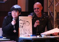 同じく「親方が新弟子に『お前、相撲ナメてんだろ』新弟子は何をした？」にイラストのみで答える押切蓮介（左）。